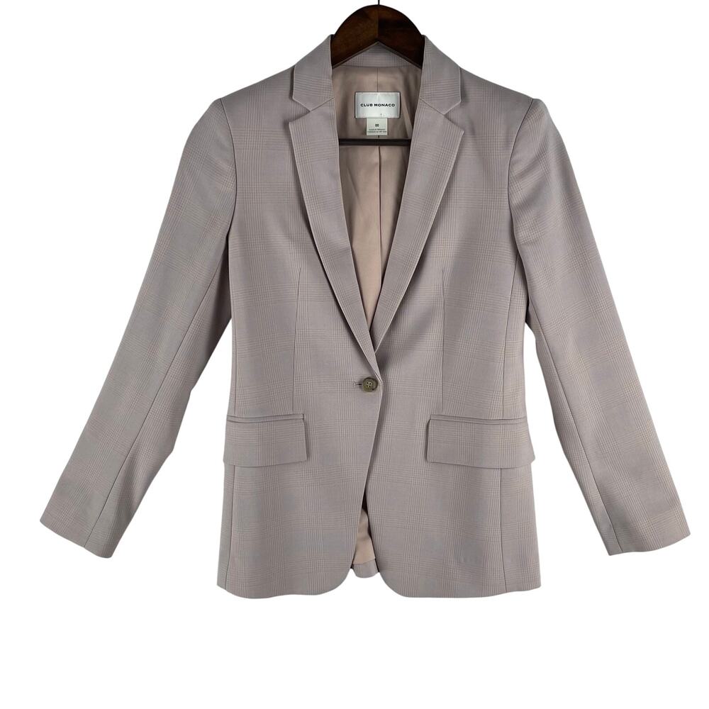 Club Monaco Womens Glen Plaid Blazer Size 00 Pink Single Button Wool Blend EUC
